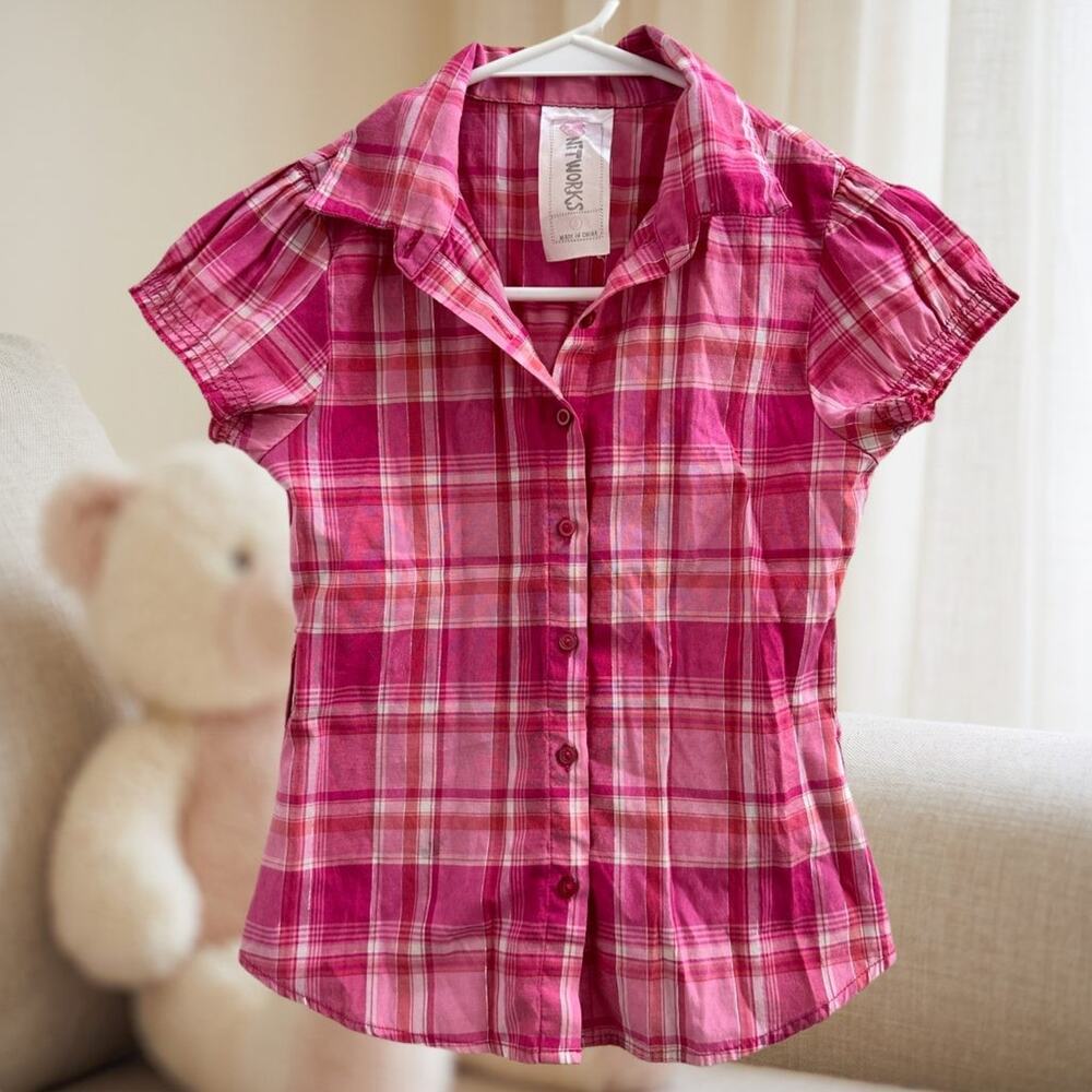 Knitworks Girls Pink Plaid Cap Sleeve Button Up Shirt Size S Y2K Metallic